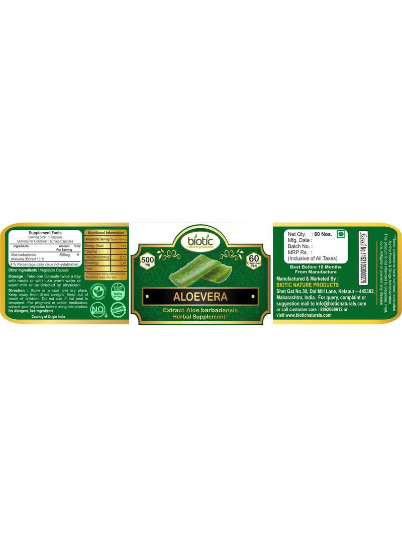 بيوتيك كبسولات الألوة فيرا الحيوية - كبسولات الألوة فيرا النقية 500 ملغ مستخلص - مكملات للعناية بالشعر والبشرة، وصحة الجهاز الهضمي - 60 كبسولة نباتية - Image 2