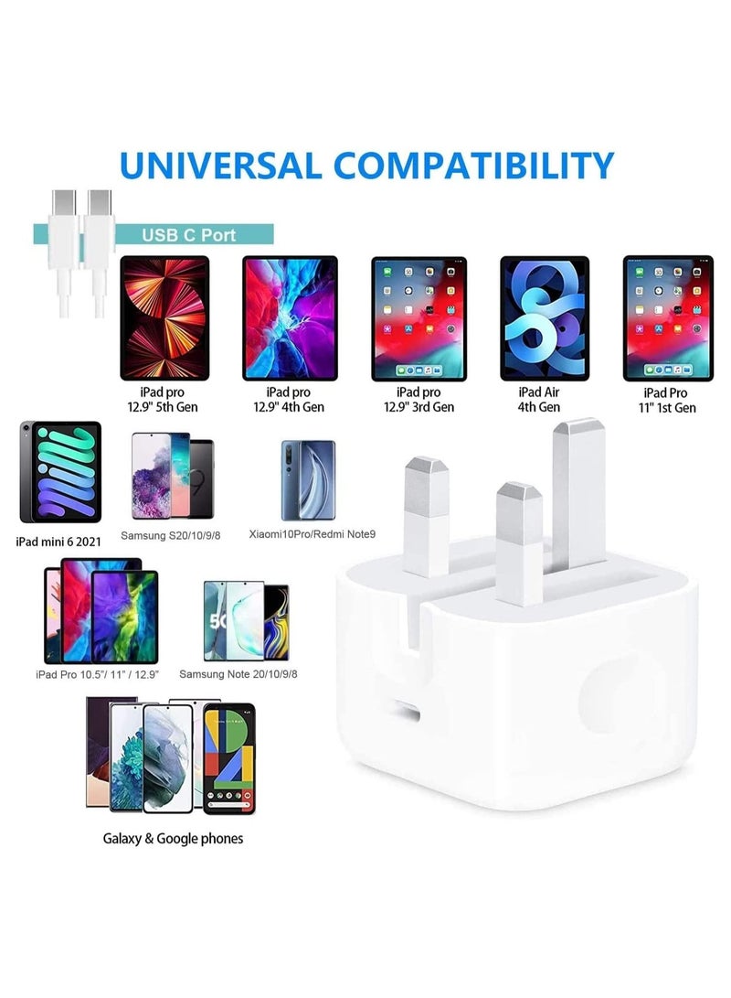 شاحن سريع 20 واط USB لجهاز iPad Pro 12.9 كابل USB C إلى USB C شاحن حائط سريع ومحول طاقة لجهاز iPad Pro 11 بوصة 2021/2020/2018 iPad Mini 6 بكسل 6/5/3XL/جالاكسي (1م) - Image 2