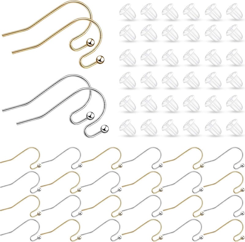 Dhruv Crafts French Earring Hooks Ball Dots in 4 Colors with Clear Earring Backs for Jewelry Making DIY 200 Pieces Silver Gold - Image 1