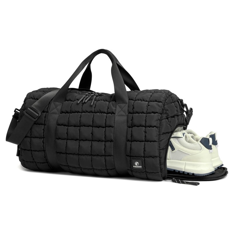FODOKO Quilted Duffel Bag for Women Puffer Gym Duffle with Shoe Compartment Lightweight Large Crossbody Sport Bag Travel Tote Black - Image 2