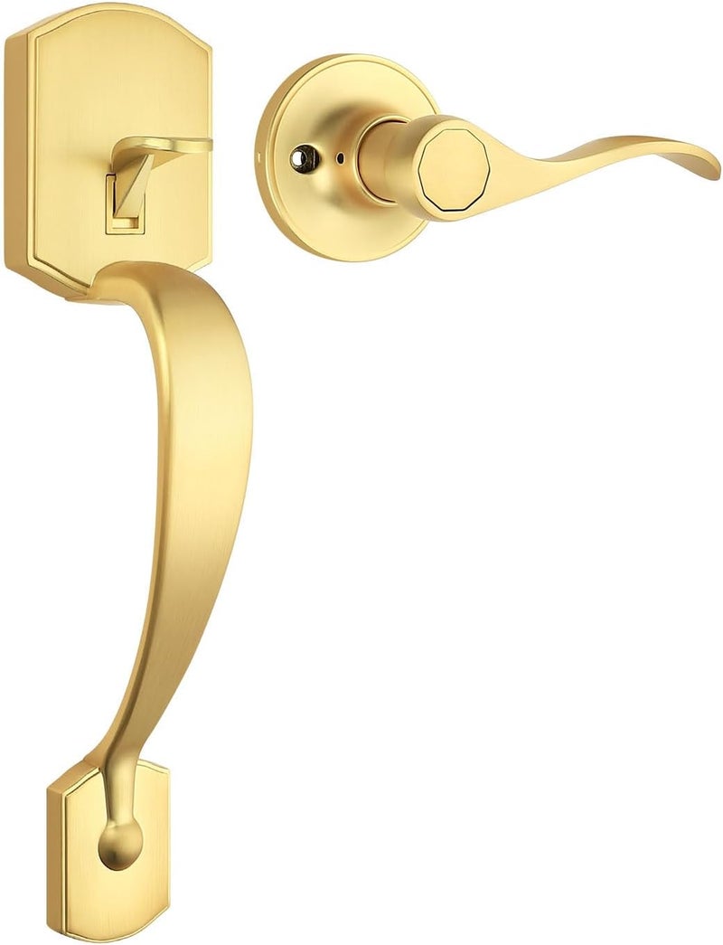 Tinewa Gold Camelot Trim Lower Half Handleset, Upgated Entry Door Handle with Accent Wave Door Lever, Gold Front Door Handleset, Interior Left Handed Lever - Image 1