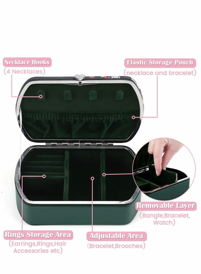واي آند دي Vintage Jewellery Box Organizer Small Travel Case for Rings, Earrings, Necklace, Bracelet, Watch, Hair Accessories, Floral Leather Jewelry Gift Girls Women (Green, 5.6x3.5x1.9in)  - Image 2