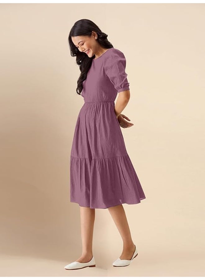 TRENDMALLS Dress for Women Cotton Blend Round Neck Half Puff Sleeve Flared Pleated Midi Western Dress - Image 3