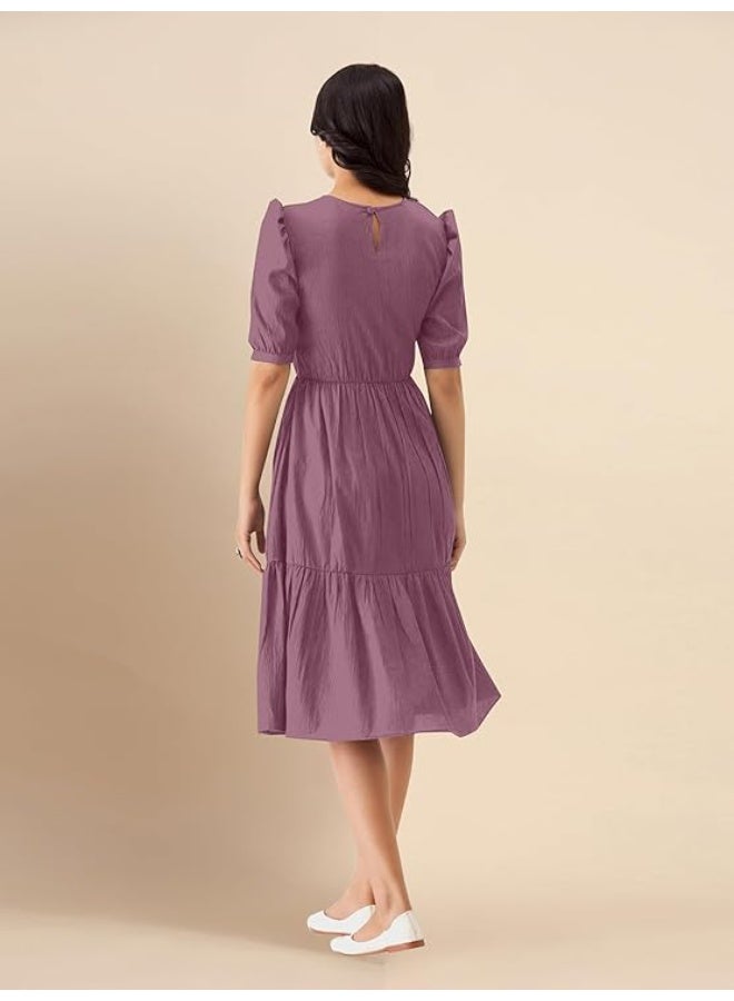 TRENDMALLS Dress for Women Cotton Blend Round Neck Half Puff Sleeve Flared Pleated Midi Western Dress - Image 2