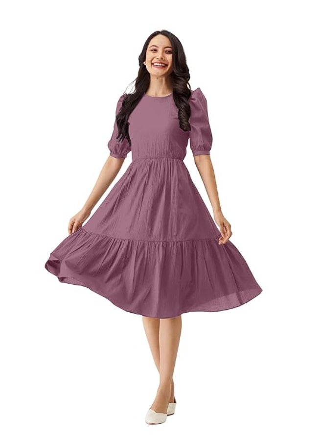 TRENDMALLS Dress for Women Cotton Blend Round Neck Half Puff Sleeve Flared Pleated Midi Western Dress - Image 1
