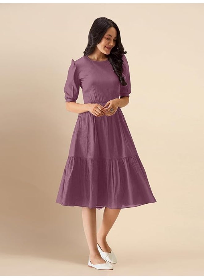 TRENDMALLS Dress for Women Cotton Blend Round Neck Half Puff Sleeve Flared Pleated Midi Western Dress - Image 4
