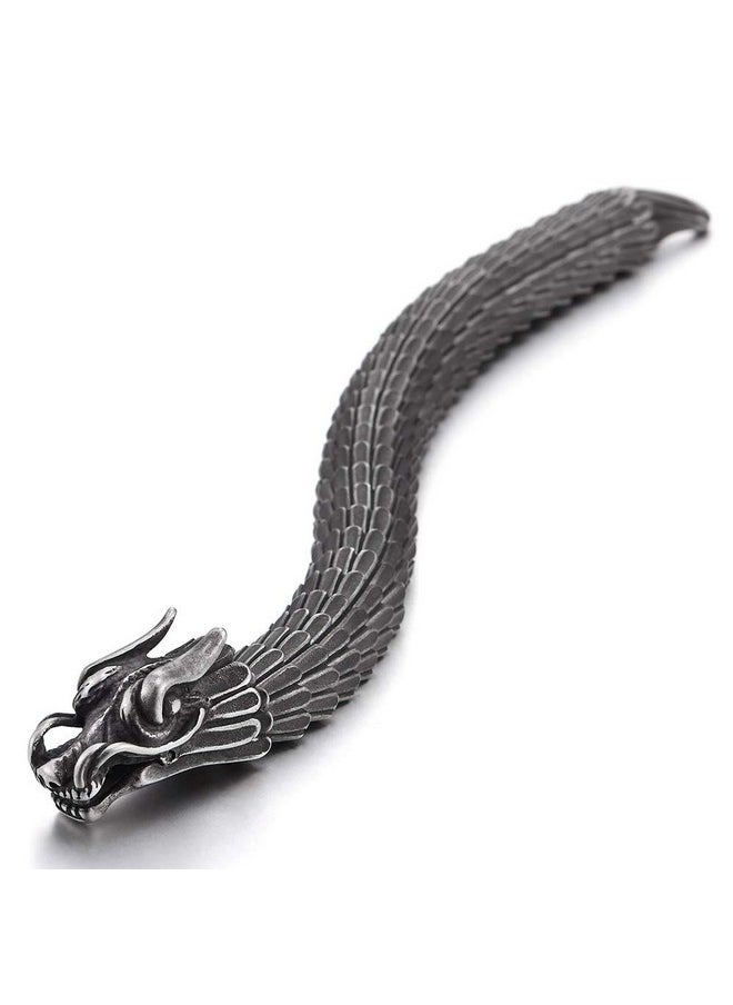 COOLSTEELANDBEYOND - COOLSTEELANDBEYOND Retro Style Mens Steel Dragon Link Chain Bracelet, Vintage Old Metal Finishing, Spring Hook Clasp - Image 1
