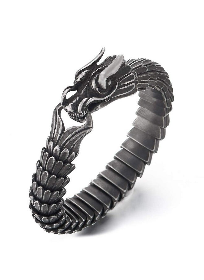 COOLSTEELANDBEYOND - COOLSTEELANDBEYOND Retro Style Mens Steel Dragon Link Chain Bracelet, Vintage Old Metal Finishing, Spring Hook Clasp - Image 1