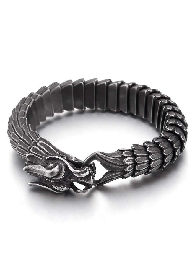 COOLSTEELANDBEYOND - COOLSTEELANDBEYOND Retro Style Mens Steel Dragon Link Chain Bracelet, Vintage Old Metal Finishing, Spring Hook Clasp - Image 1