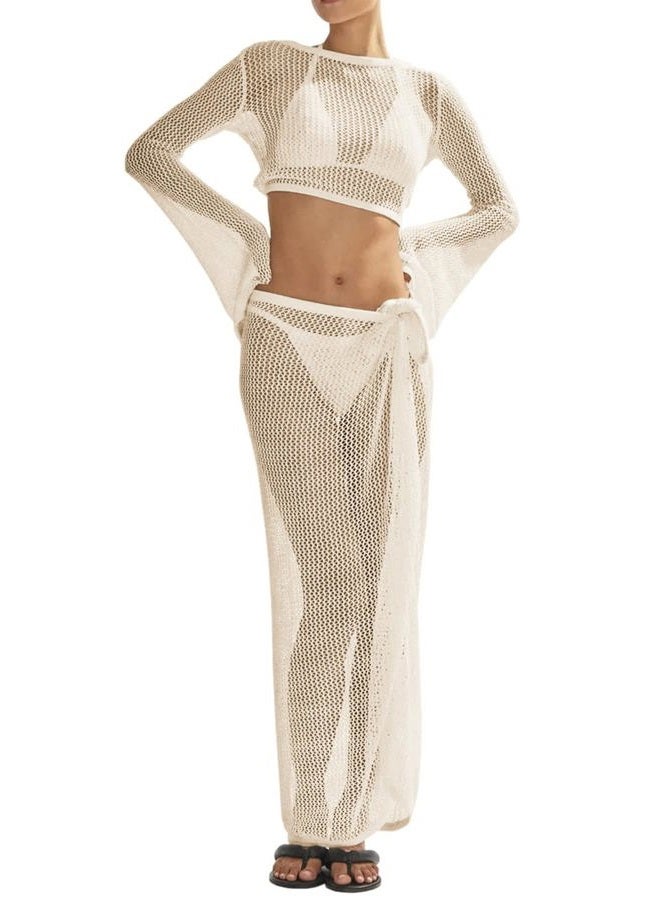 LANNEW Women's Swimsuits Cover Ups Set for Crochet Bathing Suit Hollow Out 2 Piece Bikini Coverup Beach Swimwear, Beige-1, S - Image 2