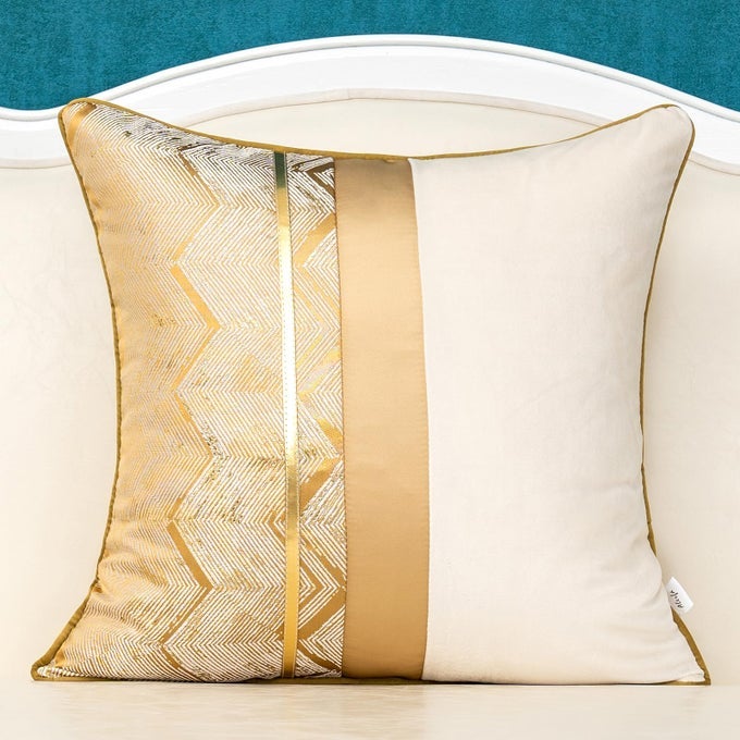 18 x 18 Inch Khaki White Geometric Striped Gold Leather Patchwork Velvet Cushion Case Luxury Modern Lumbar Throw Pillow Cover Decorative Pillow for Couch Sofa Living Room Bedroom Car
