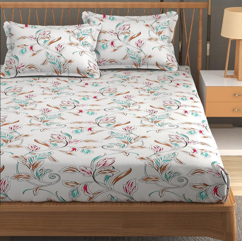 Furnofy Premium Floral Printed Double Bedsheet Set – White (90x100 Inches) with 2 Pillow Covers – Flat - Image 1