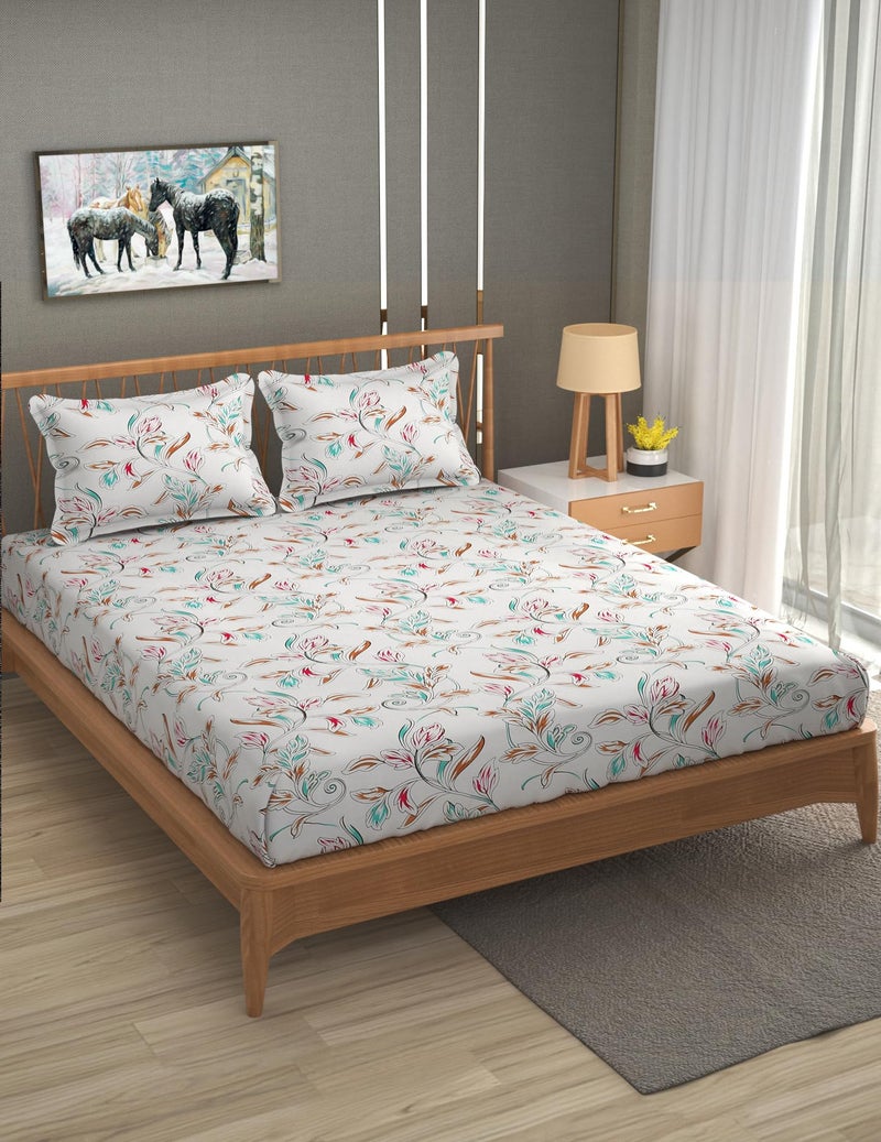 Furnofy Premium Floral Printed Double Bedsheet Set – White (90x100 Inches) with 2 Pillow Covers – Flat - Image 2