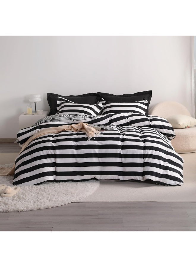 NTBAY NTBAY 3 Pieces Duvet Cover Set Queen Size Reversible Zipper Comforter Cover with 4 Corner Ties and 2 Pillow Shams Soft Brushed Microfiber Comforter Cover Set with Black and White Striped Printed  - Image 2