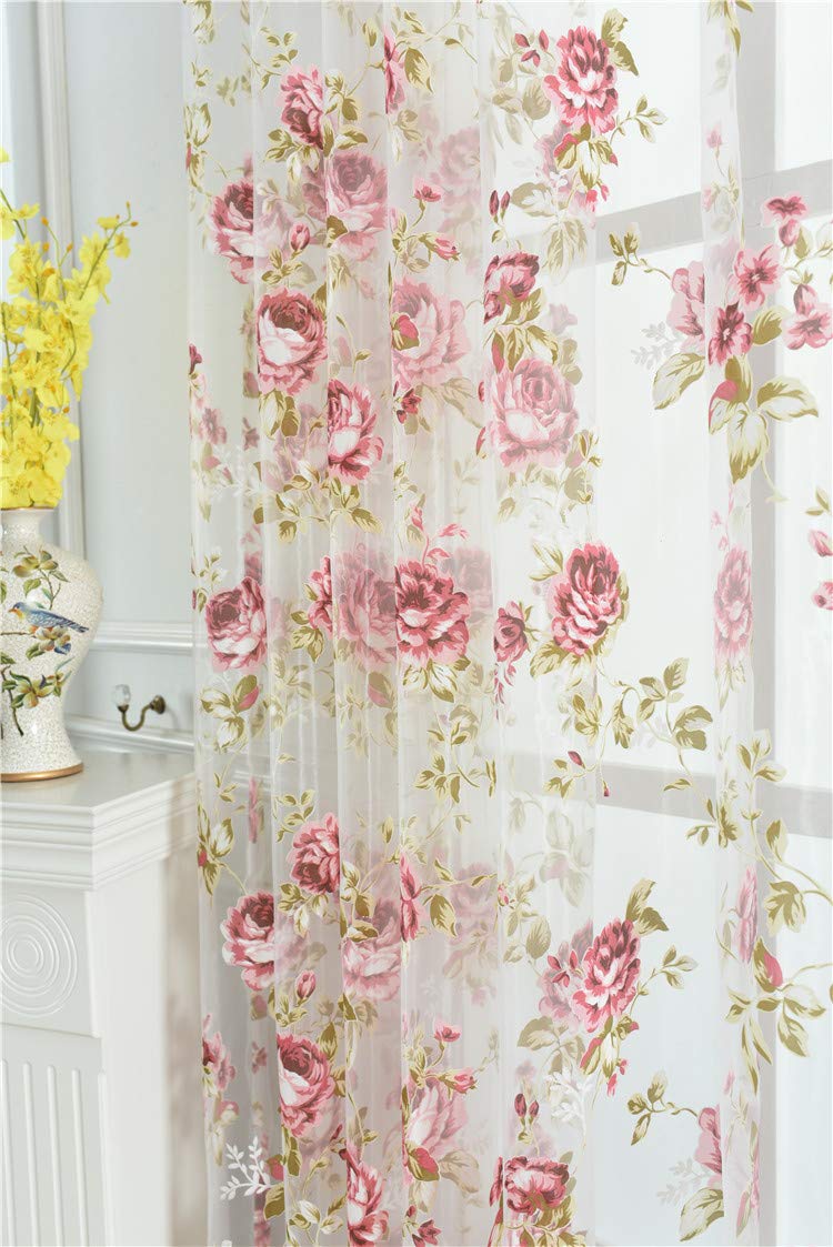 Kolachic Rod Pocket Top Rose Floral Sheer Voile Curtain Pink Flower Tulle Transparent Window Treatment for Living Room Bedroom Glass Door 54 by 63 Inch Each 1 Set of 2 Panels