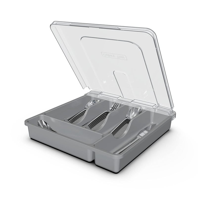QINOL Silverware Tray with Lid Utensil Holder for Kitchen Counter Plastic Flatware Organizers and Storage holder 5 Compartments Grey