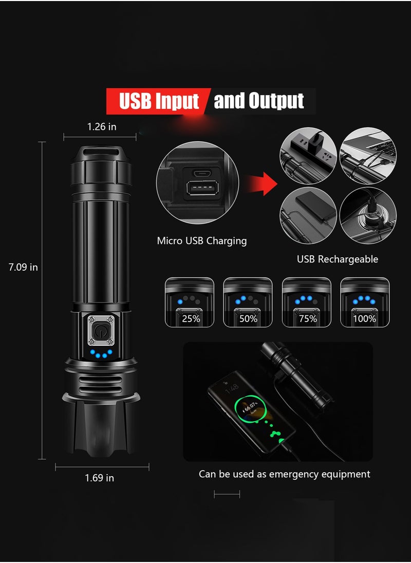 عربست مصباح يدوي LED قابل لإعادة الشحن عبر USB، 10000 لومن ضوء الشعلة XHP70.2، مصابيح يدوية تكتيكية فائقة السطوع، مقاوم للماء IP67 وقابل للتكبير، للتخييم في الهواء الطلق والمشي لمسافات طويلة في حالات الطوارئ (مع بطارية)  - Image 4