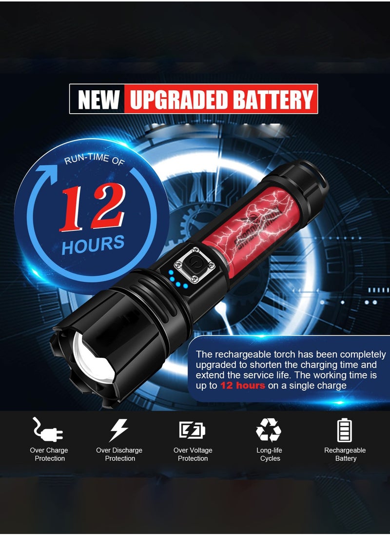 عربست مصباح يدوي LED قابل لإعادة الشحن عبر USB، 10000 لومن ضوء الشعلة XHP70.2، مصابيح يدوية تكتيكية فائقة السطوع، مقاوم للماء IP67 وقابل للتكبير، للتخييم في الهواء الطلق والمشي لمسافات طويلة في حالات الطوارئ (مع بطارية)  - Image 2