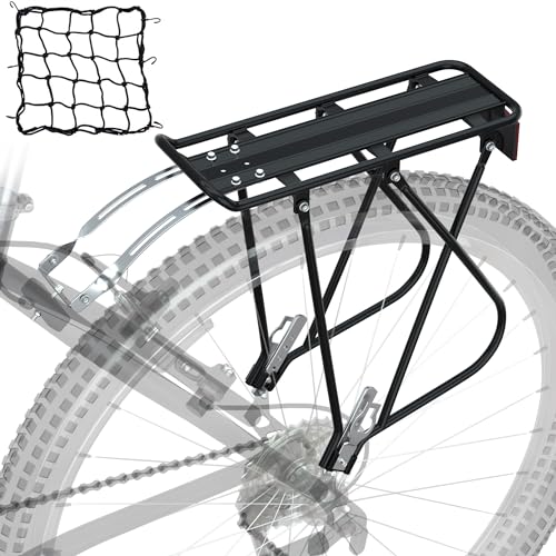 Reliancer Bike Cargo Rack w/Bungee Cargo Net & Reflective Logo Universal Adjustable Bicycle Rear Luggage Touring Carrier Racks 55lbs Capacity Quick Release Mountain Road Bike Pannier Rack for 26"-29" Frames - Image 1