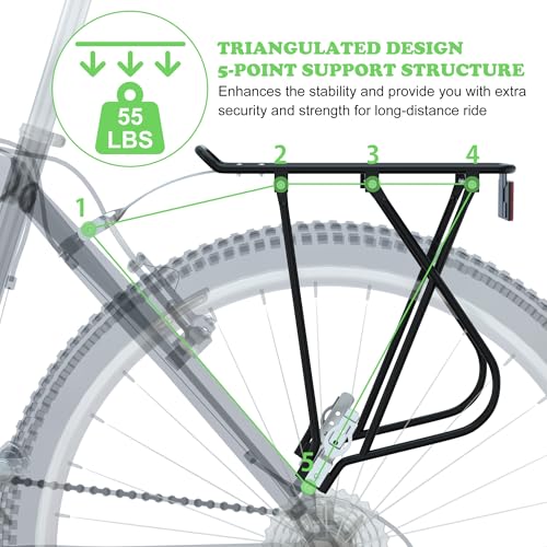 Reliancer Bike Cargo Rack w/Bungee Cargo Net & Reflective Logo Universal Adjustable Bicycle Rear Luggage Touring Carrier Racks 55lbs Capacity Quick Release Mountain Road Bike Pannier Rack for 26"-29" Frames - Image 4