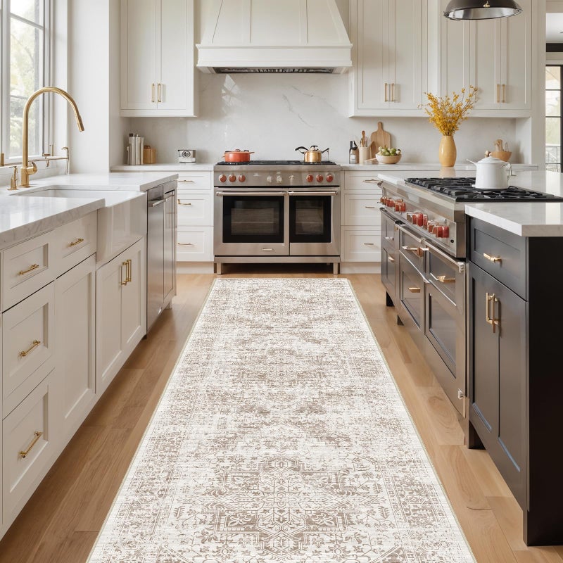 EISUROM Hallway 3x10 Runner Rug - Vintage Non-Slip Long Rug for Entryway Low-Pile Washable Medallion Runner Rugs for Hallway Waterproof Traditional Runner Rug Indoor Thin Rug for Kitchen (Ivory/Beige) - Image 3
