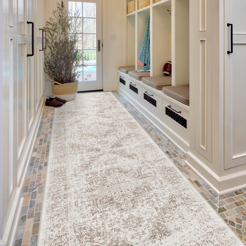 EISUROM Hallway 3x10 Runner Rug - Vintage Non-Slip Long Rug for Entryway Low-Pile Washable Medallion Runner Rugs for Hallway Waterproof Traditional Runner Rug Indoor Thin Rug for Kitchen (Ivory/Beige) - Image 1