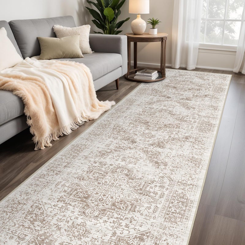 EISUROM Hallway 3x10 Runner Rug - Vintage Non-Slip Long Rug for Entryway Low-Pile Washable Medallion Runner Rugs for Hallway Waterproof Traditional Runner Rug Indoor Thin Rug for Kitchen (Ivory/Beige) - Image 5