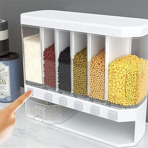 Jenibri Wall Mounted Cereal Food Dispenser For Kitchen 6 Grid Dry Food Dispenser Space Saving Food Storage Containers for Cereal Rice Nuts Candy Coffee Bean Snack Grain - Image 1