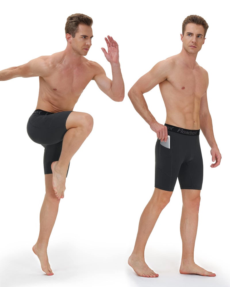 Roadbox Men's Compression Shorts with Pockets, 3 Pack 9'' Performance Running Base Layer for Workout Sports Underwear - Image 3