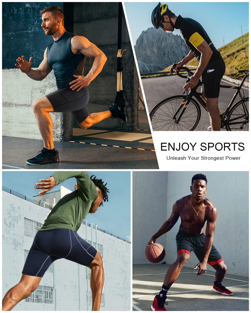 Roadbox Men's Compression Shorts with Pockets, 3 Pack 9'' Performance Running Base Layer for Workout Sports Underwear - Image 5