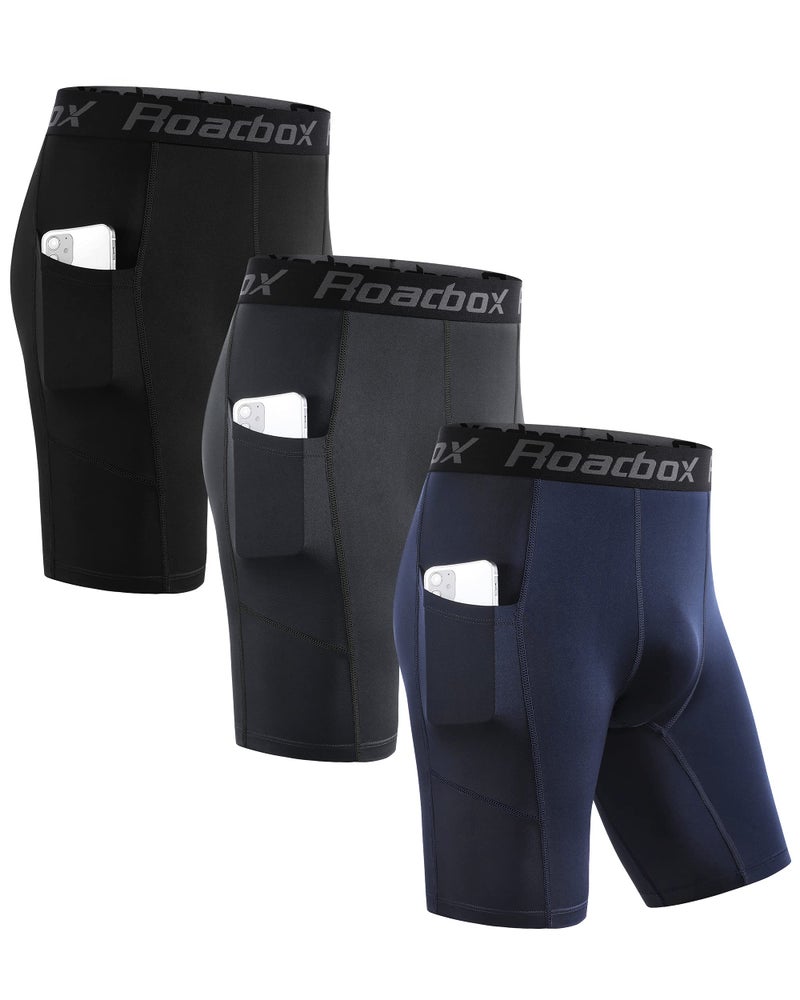 Roadbox Men's Compression Shorts with Pockets, 3 Pack 9'' Performance Running Base Layer for Workout Sports Underwear - Image 1