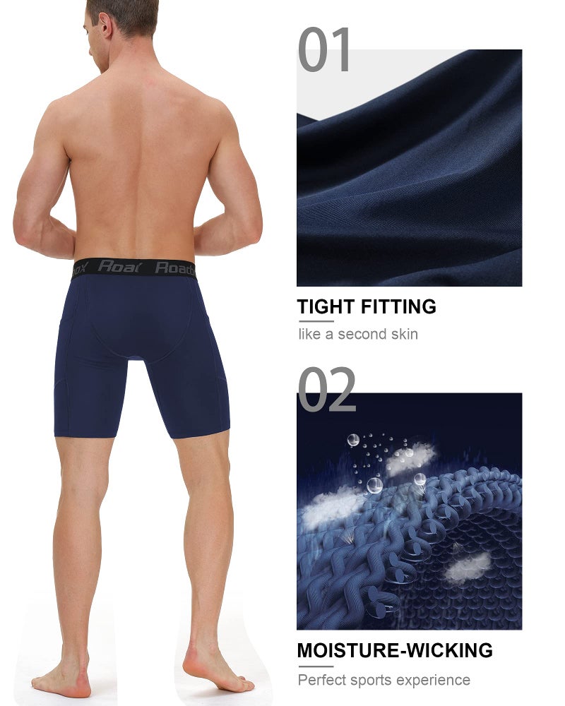 Roadbox Men's Compression Shorts with Pockets, 3 Pack 9'' Performance Running Base Layer for Workout Sports Underwear - Image 4