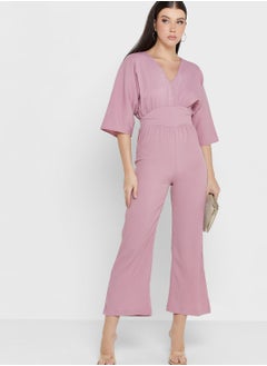 Flare Sleeve Waist Detail Solid Jumpsuit