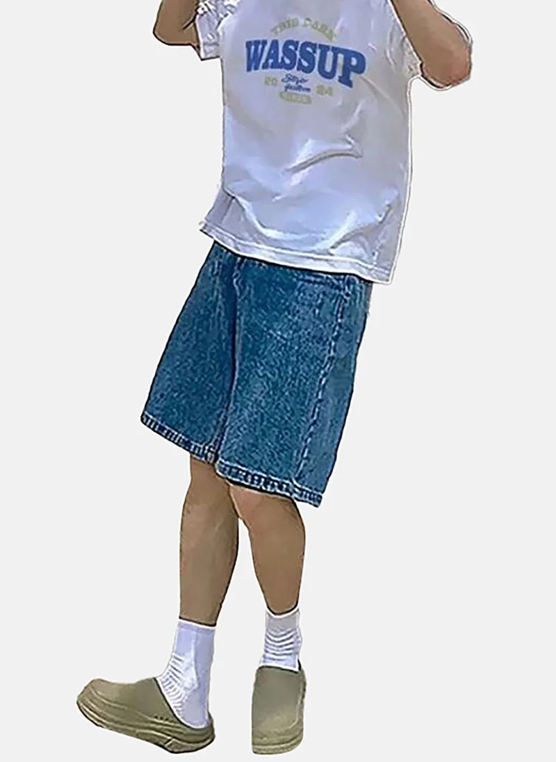 يونيكي Blue Mid Rise Soild Relaxed Fit Shorts