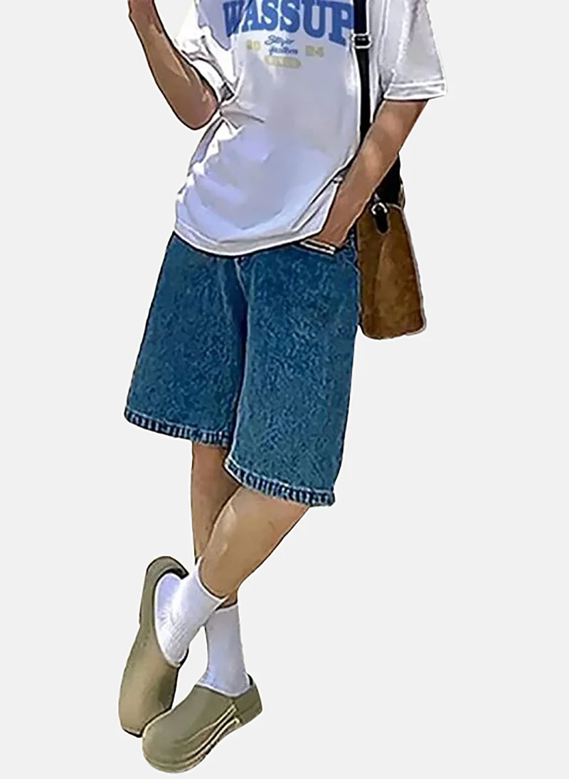 يونيكي Blue Mid Rise Soild Relaxed Fit Shorts