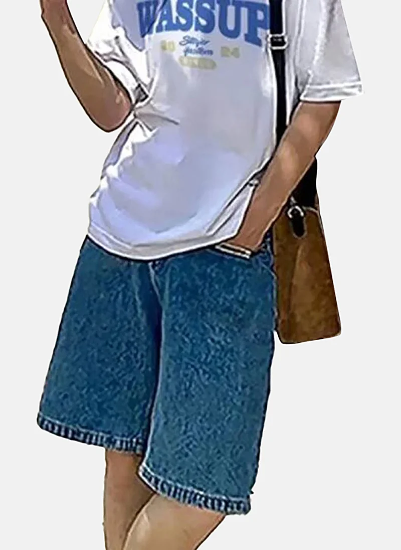 YUNIQEE Blue Mid Rise Soild Relaxed Fit Shorts