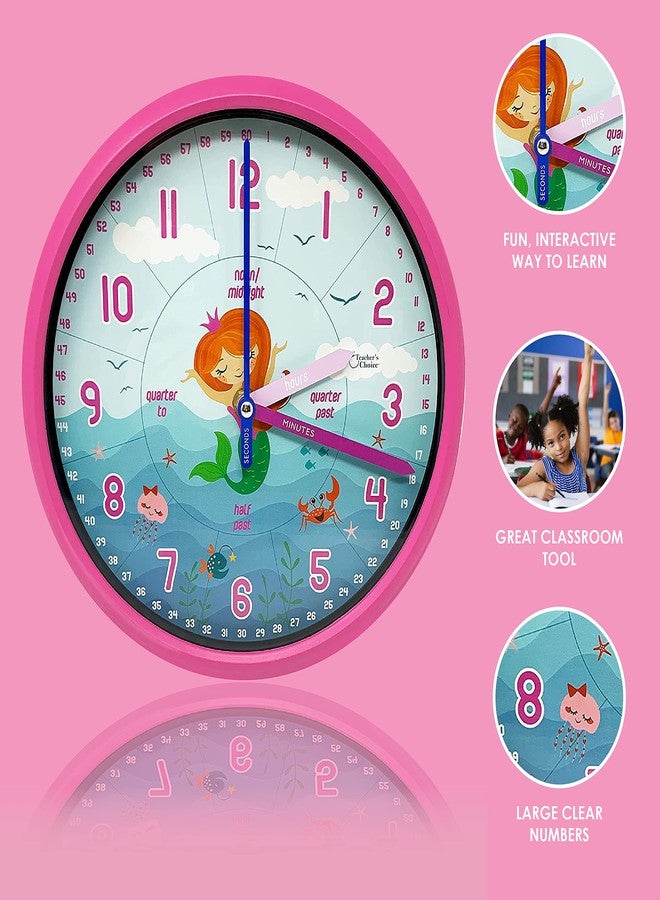 Teacher's Choice Educational Wall Clock - Silent Movement Time Teaching Clock for Teacher's Classrooms and Kid's Bedrooms - Mermaid (Pink/Black) - Image 2