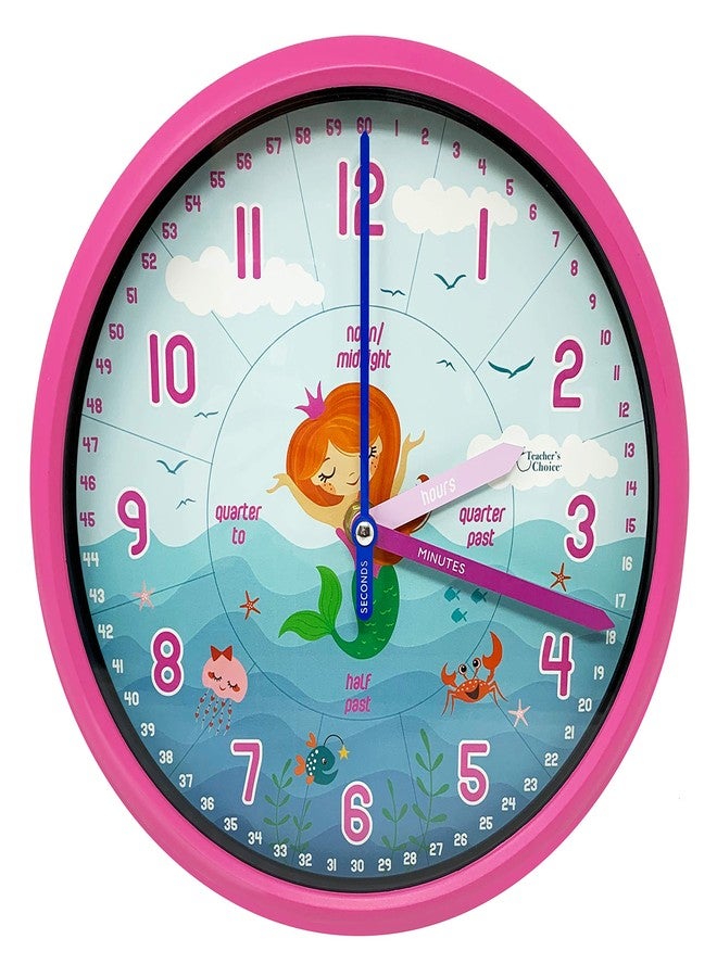 Teacher's Choice Educational Wall Clock - Silent Movement Time Teaching Clock for Teacher's Classrooms and Kid's Bedrooms - Mermaid (Pink/Black) - Image 1