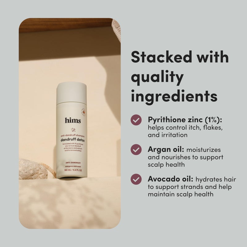 HIMS & HERS hims Dandruff Detox Anti Dandruff Shampoo, 2 Pack - Anti Dandruff Shampoo for Dry, Itchy Scalp with Pyrithione Zinc 1% and Argan Oil - Paraben Free, Sulfate Free - Evergreen Mint - 2 x 6.4 fl oz - Image 4