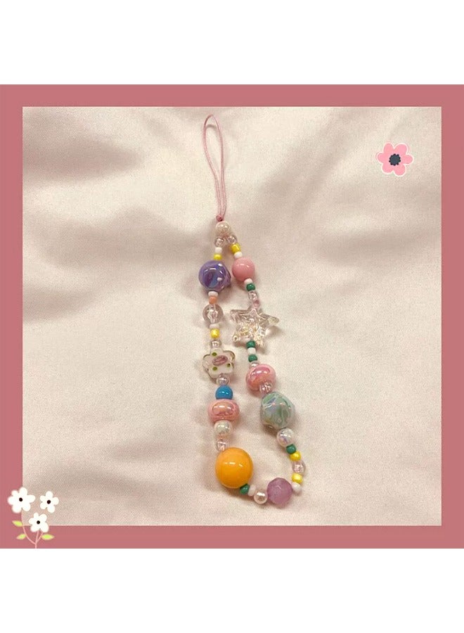 HY 1pc mobile phone chain with cute star flower heart beaded mobile phone case pendant beaded mobile phone lanyard wristband anti-lost mobile phone strap bracelet keychain pendant - Image 1