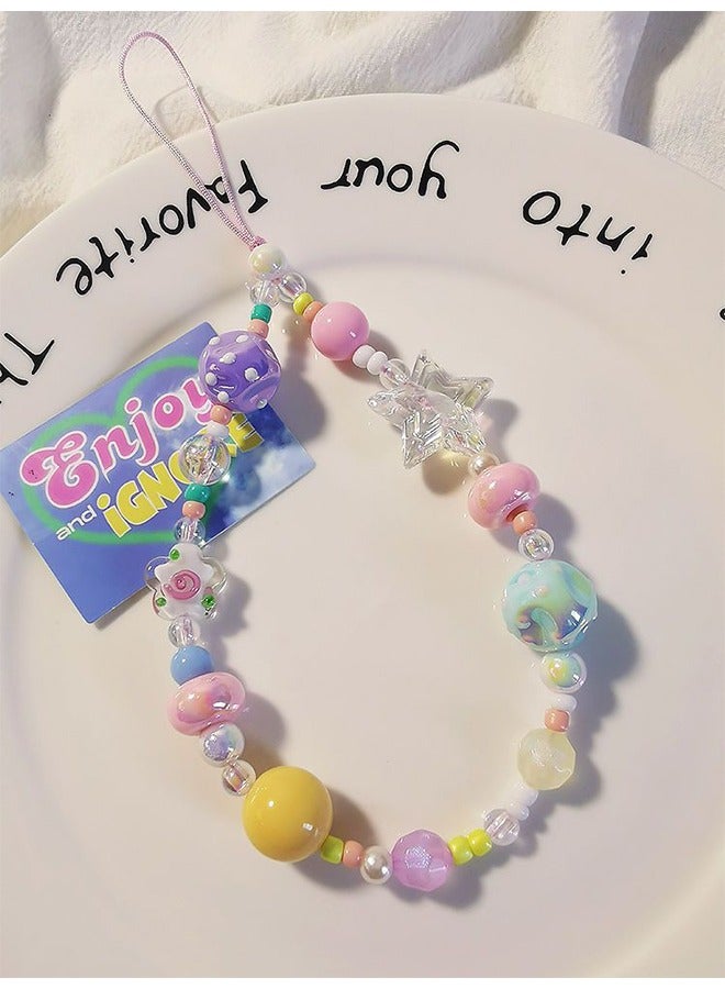 HY 1pc mobile phone chain with cute star flower heart beaded mobile phone case pendant beaded mobile phone lanyard wristband anti-lost mobile phone strap bracelet keychain pendant - Image 5