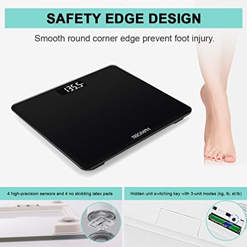 Triomph Digital Body Weight Bathroom Scale with Step-On Technology, Ultra Slim Design 6mm Tempered Glass, 400 Pounds, Weight Loss Monitor, Black - Image 4