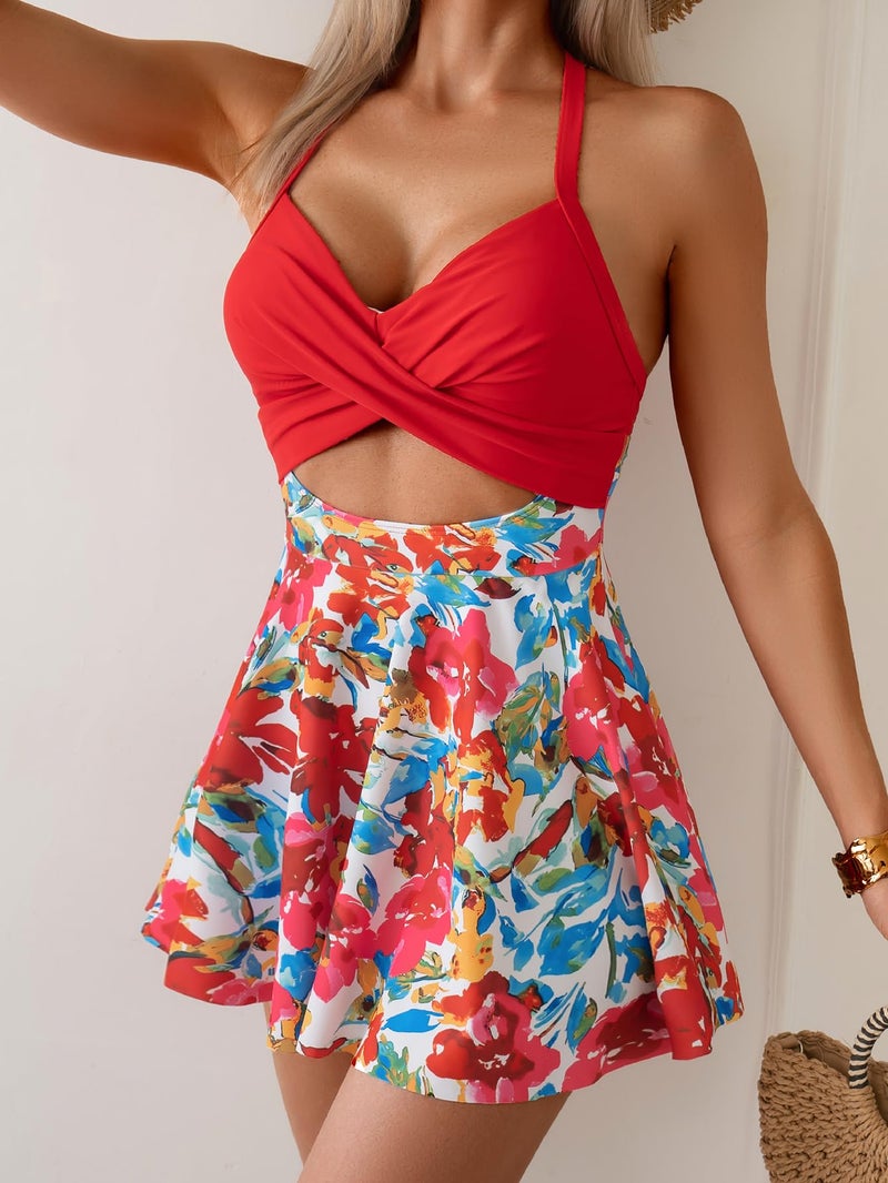 B2prity Women Cutout One Piece Skirt Swimsuit V Neck Wrap Tie Back Swimdress Tummy Control Bathing Suits - Image 2