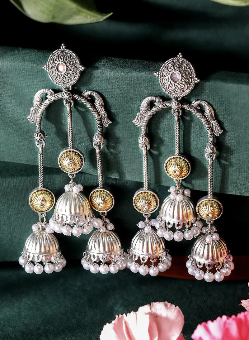 ISHIN Metallic Grey Colour Metallic Grey Plated Beads Jhumka Earring