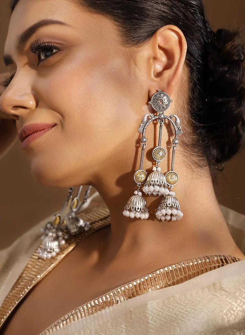 ISHIN Metallic Grey Colour Metallic Grey Plated Beads Jhumka Earring