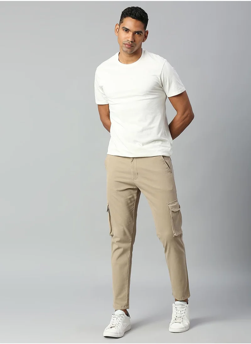Dennis Lingo Men's Walnut 100% Cotton Solid Full Length Cargo Tapered Fit Trouser