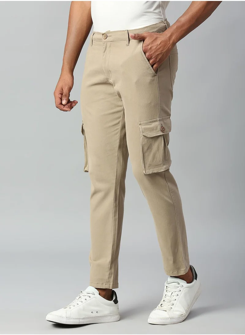 Dennis Lingo Men's Walnut 100% Cotton Solid Full Length Cargo Tapered Fit Trouser