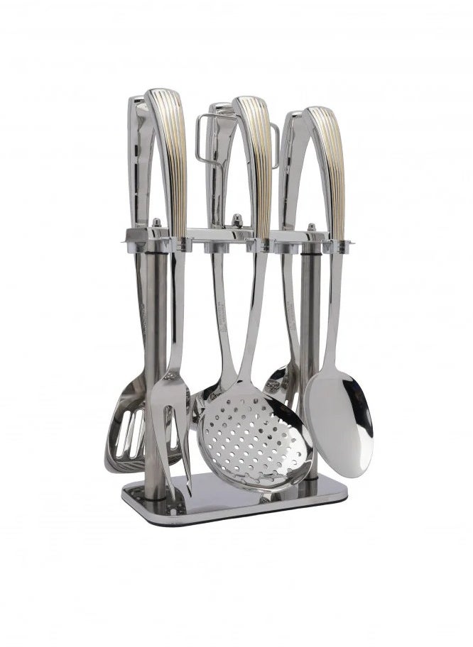 Squalo - 7-Piece Stainless Steel Serving Spoon Set with Silver Holder and Gold Embossing - Image 1