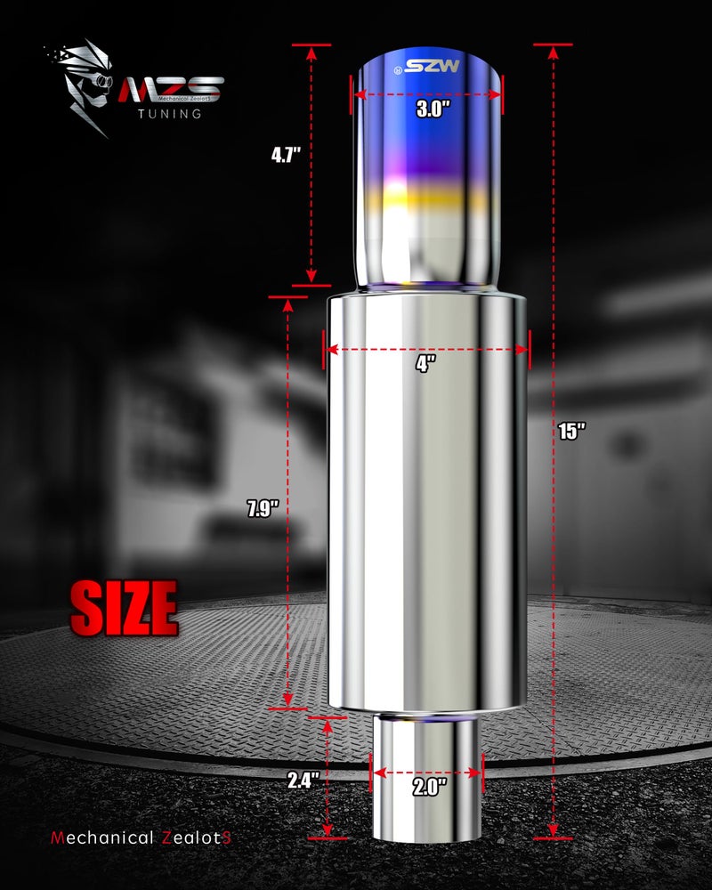 MZS Exhaust Muffler, Straight Through Stainless Steel Exhaust Tip 15" Length 2" Inlet 3" Outlet Universal for Car Sedan SUV Truck Vehicles - Titanium Burnt Tip - Image 3