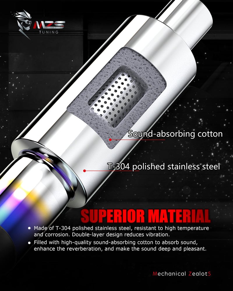 MZS Exhaust Muffler, Straight Through Stainless Steel Exhaust Tip 15" Length 2" Inlet 3" Outlet Universal for Car Sedan SUV Truck Vehicles - Titanium Burnt Tip - Image 2